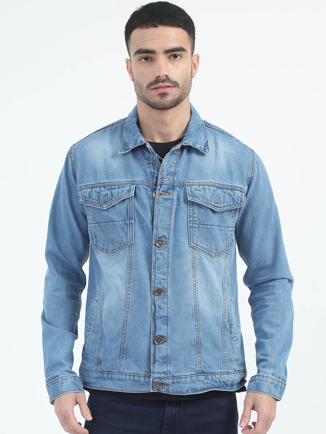 

Plutus Men Spread Collar Faux Fur Trim Denim Jacket, Blue