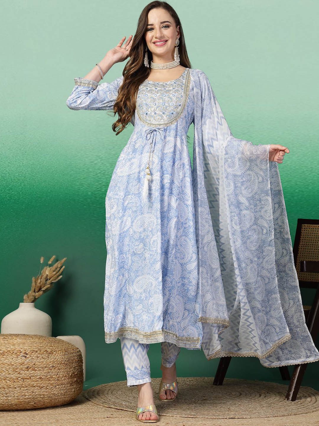 

Sangria Embroidered Kurta & Trouser With Dupatta, Blue