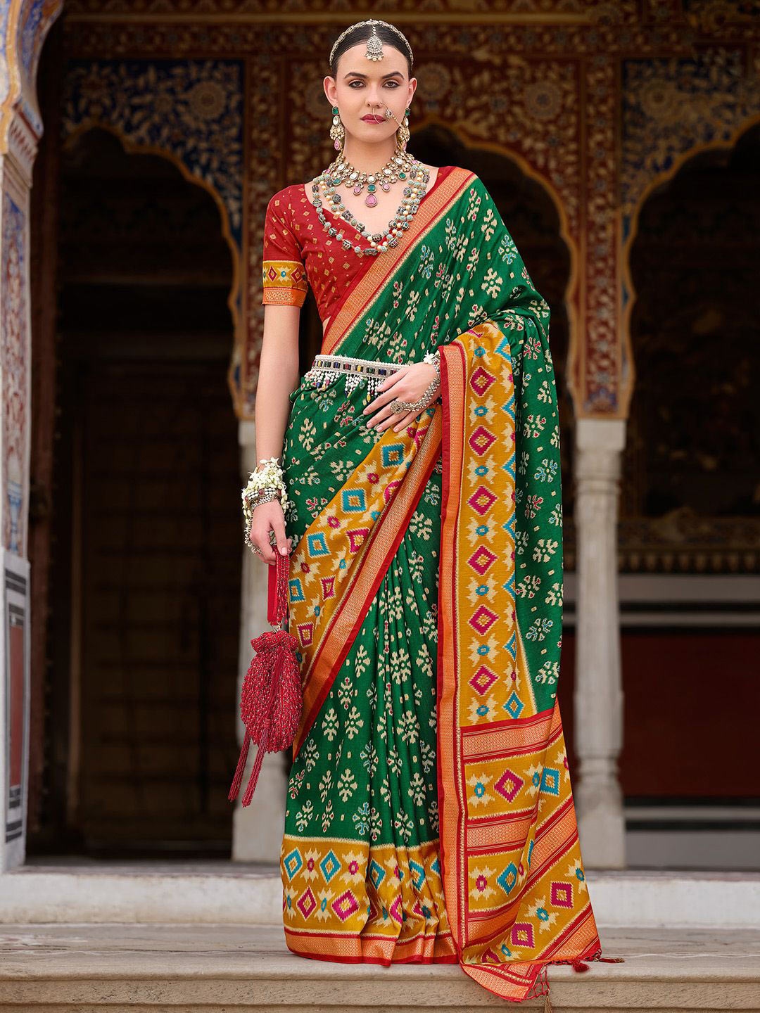 

Anouk Ethnic Motifs Printed Zari Pochampally Celebrity Saree, Green
