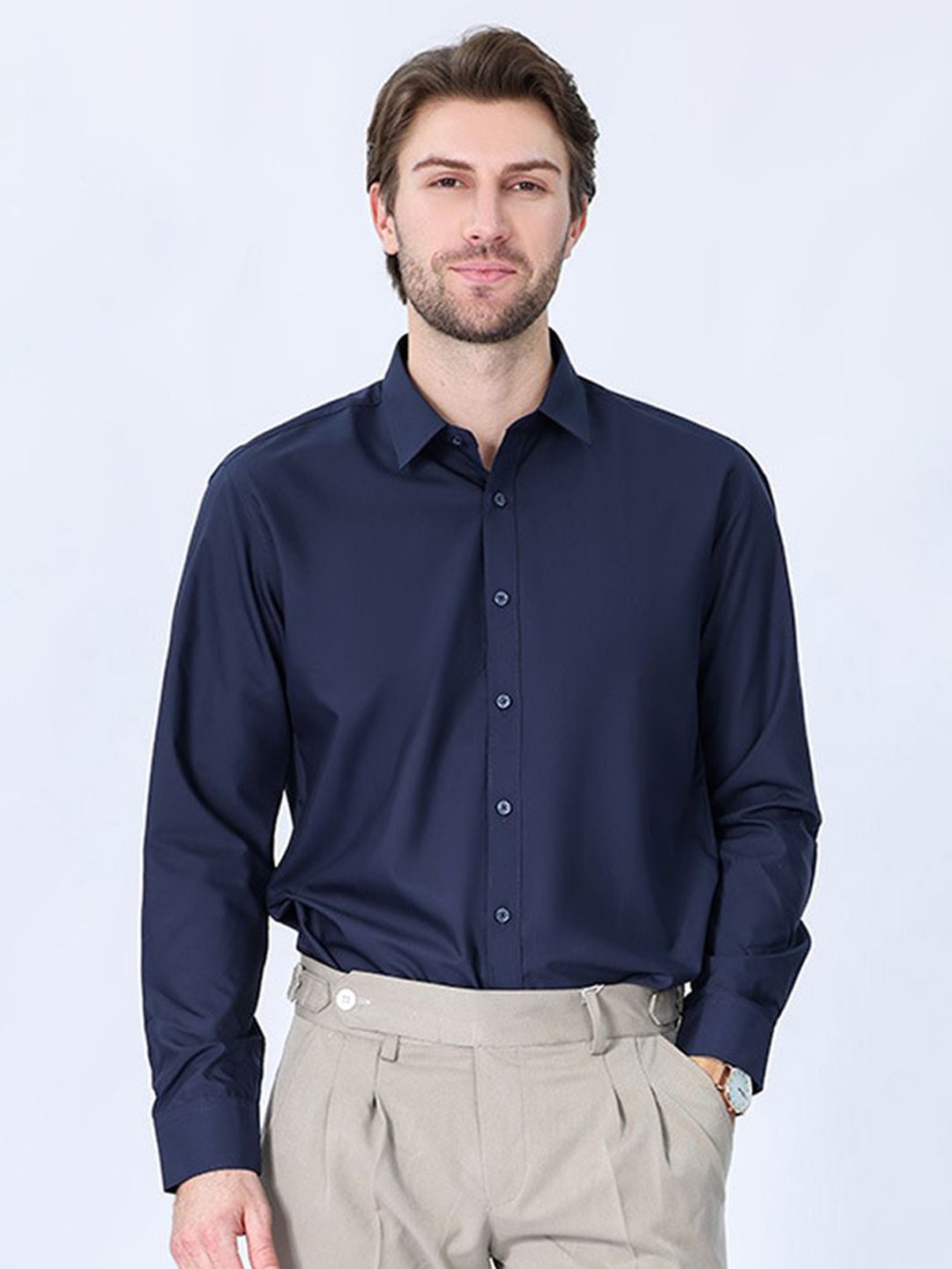 

StyleCast x Revolte Men Cutaway Collar Solid Casual Shirt, Navy blue