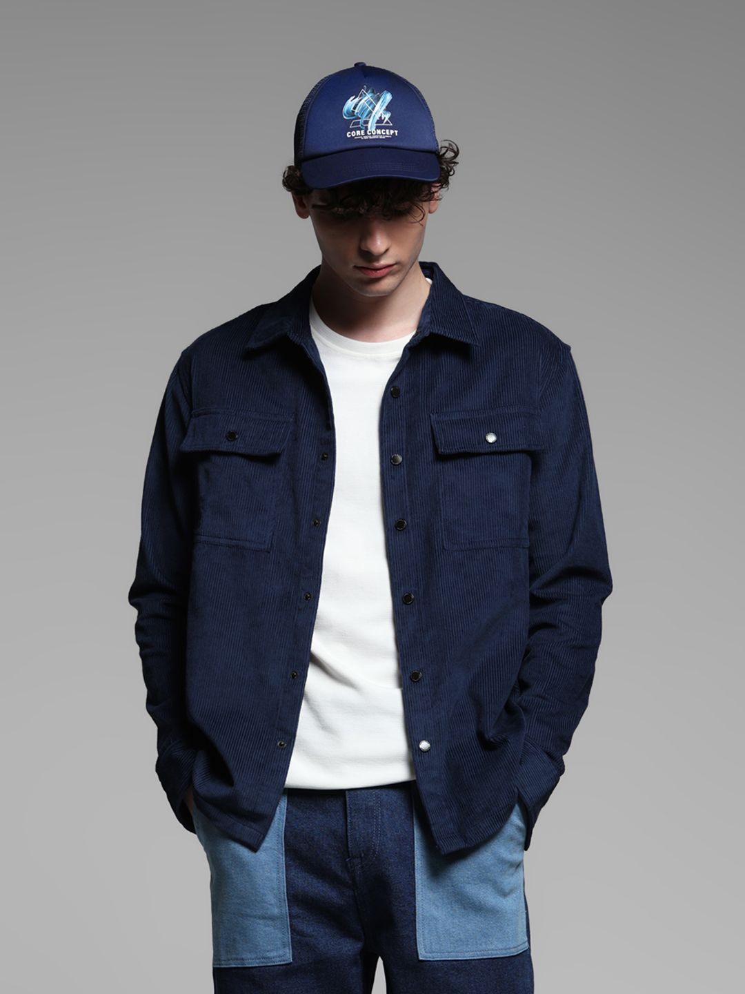 

Jack & Jones Men Spread Collar Solid Cotton Oversized Casual Shirt, Navy blue