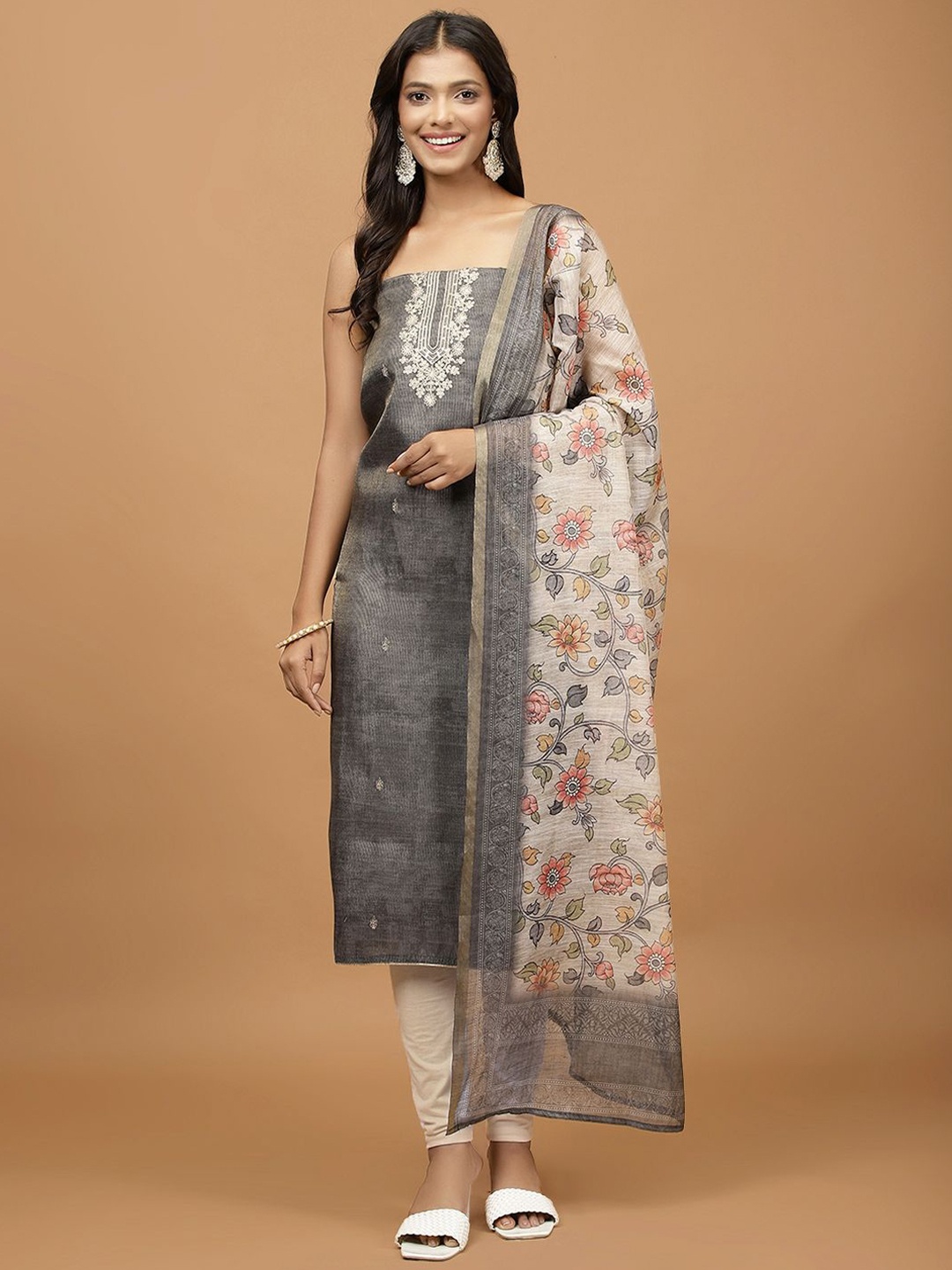 

Meena Bazaar Floral Embroidered Sequinned Unstitched Dress Material, Grey