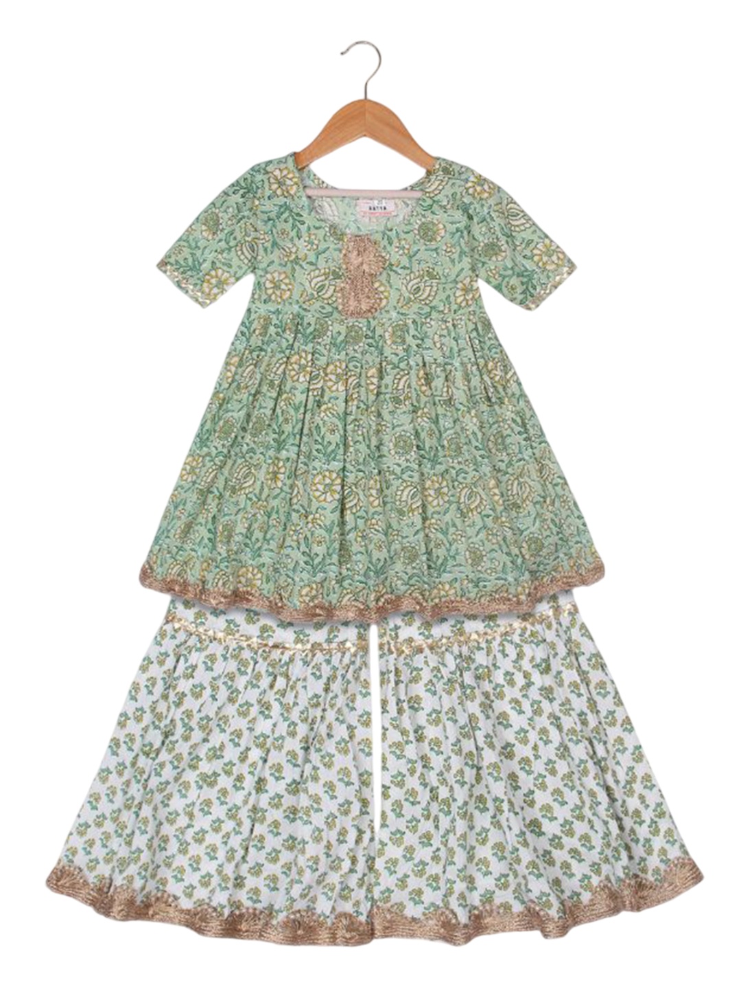 

AATYA KIIDS Girls Floral Printed Pleated Pure Cotton Anarkali Kurta with Sharara, Green