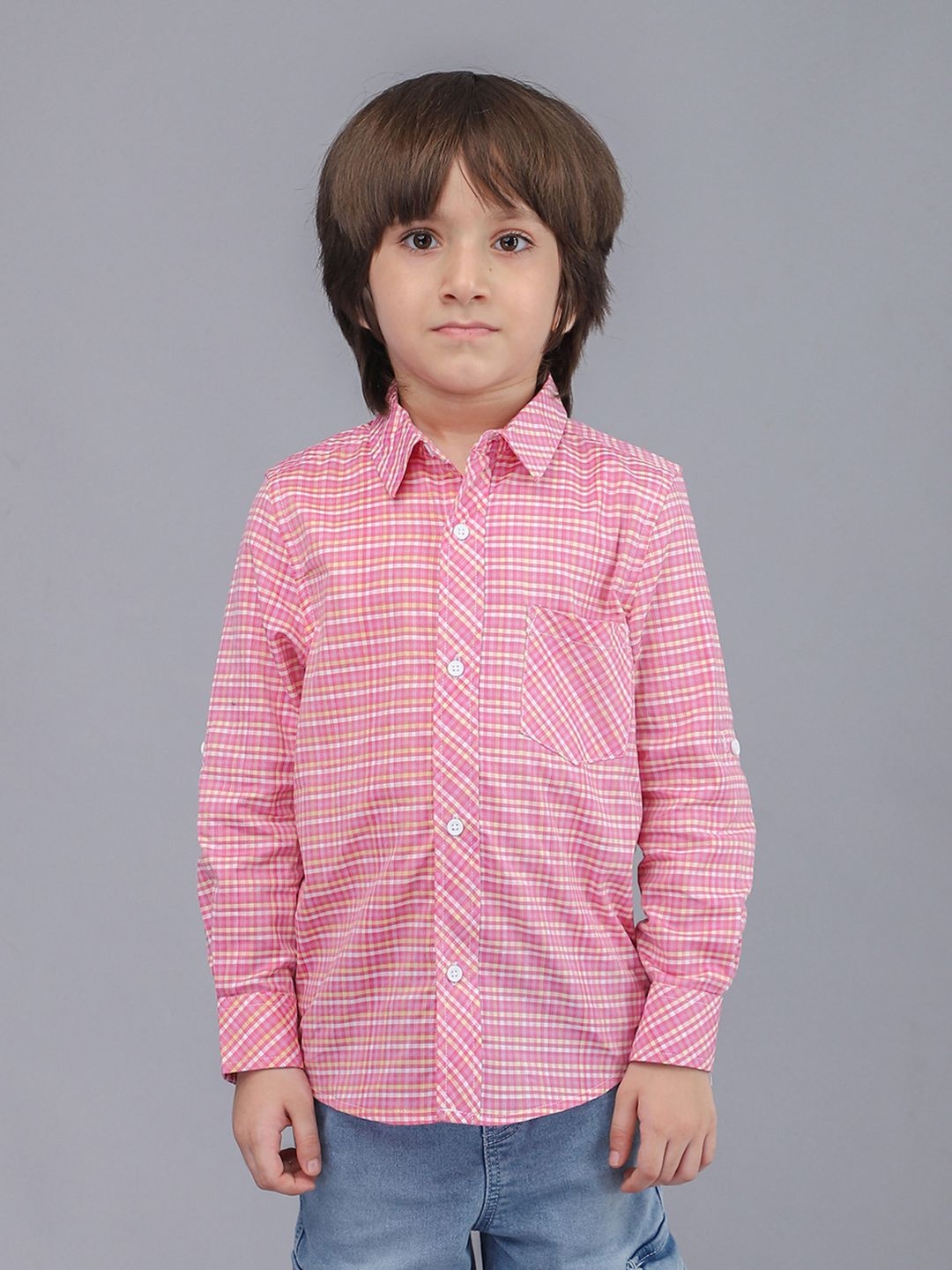 

Biglilpeople Boys Standard Spread Collar Micro Checked Cotton Casual Shirt, Pink