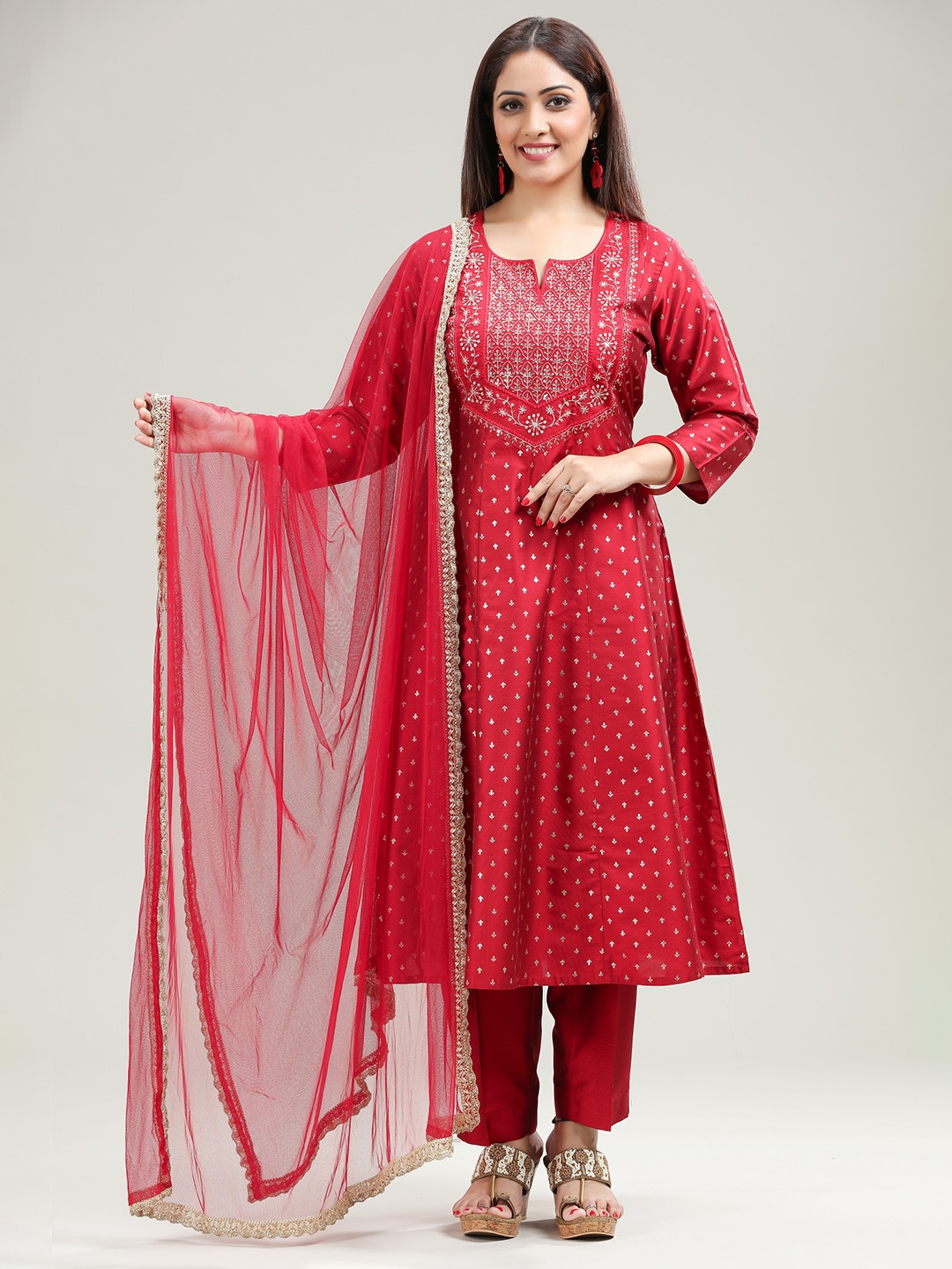 

COTTON CULTURE Floral Yoke Design Kurta With Palazzos & Dupatta, Red