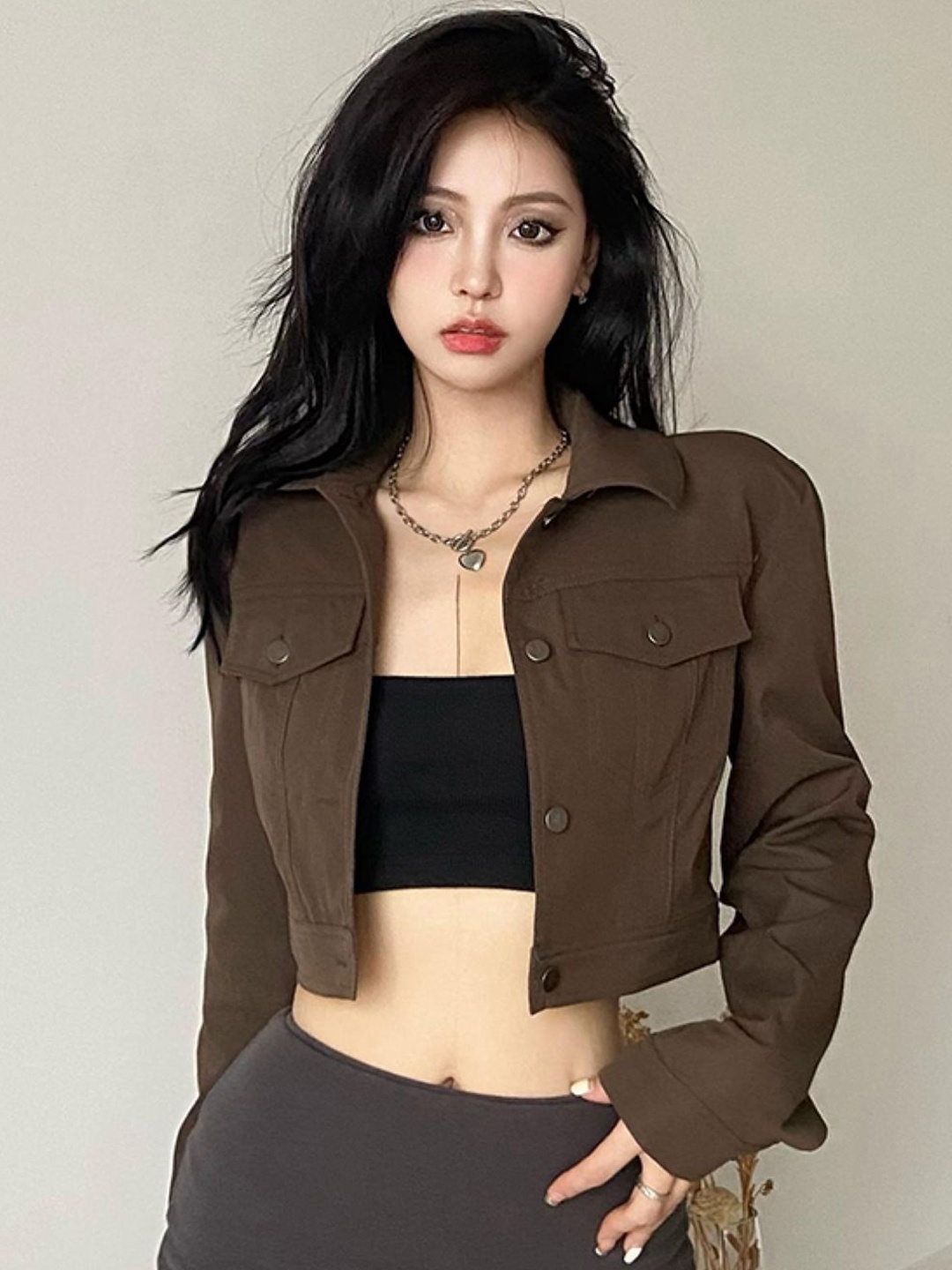 

KPOP Women Crop Open Front Jacket, Brown