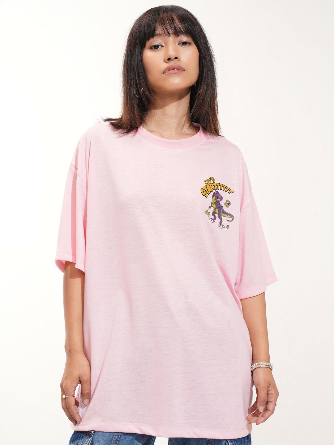 

Tokyo Talkies Women Printed Drop-Shoulder Sleeves T-shirt, Pink