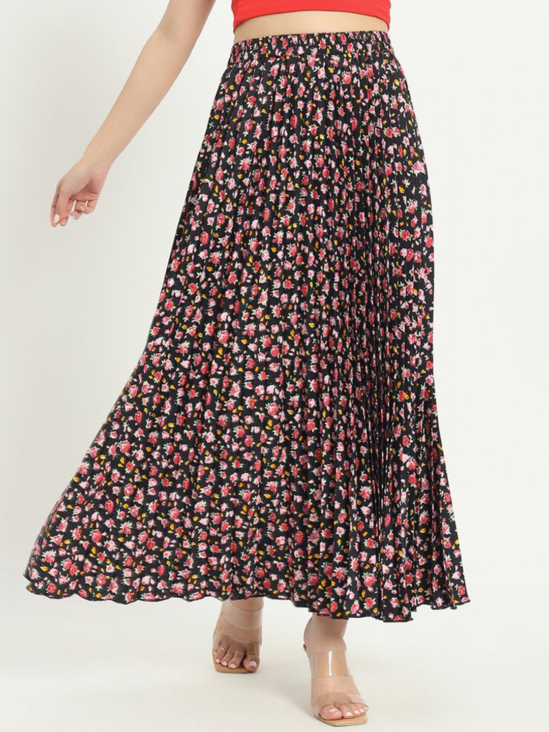 

ZWERLON Floral Printed Pleated A-Line Maxi Skirt, Black