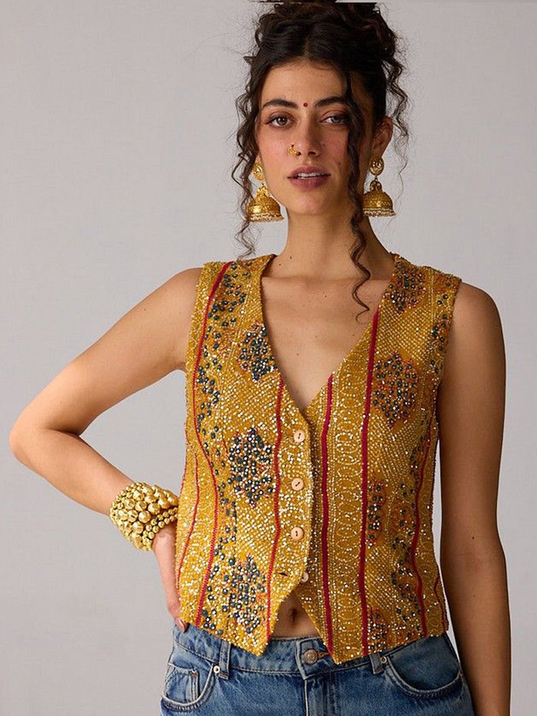 

VERB BY PALLAVI SINGHEE Women Abstract Embroidered Crop Open Front Jacket, Yellow