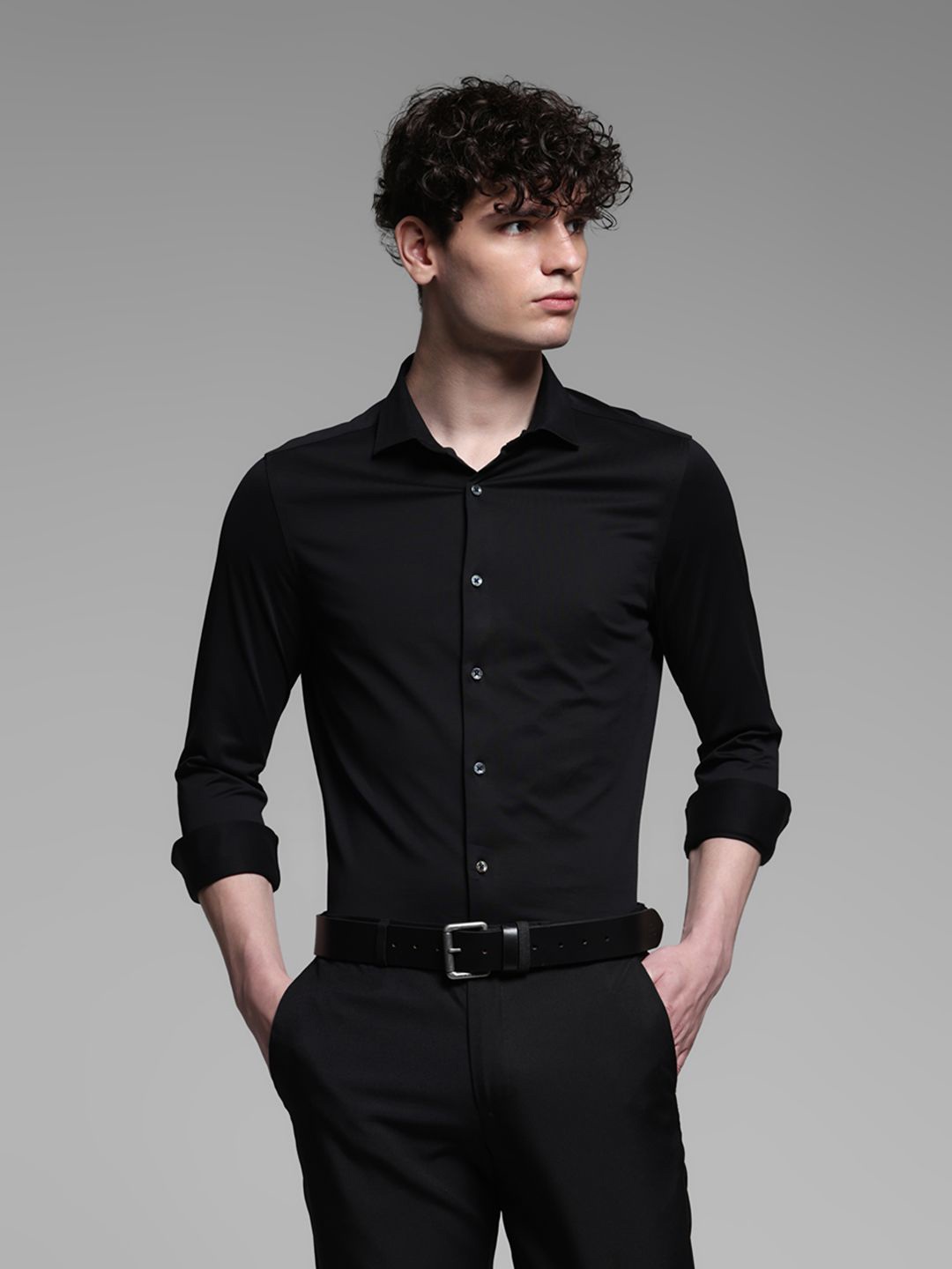 

Jack & Jones Men Spread Collar Solid Cotton Slim Fit Casual Shirt, Black