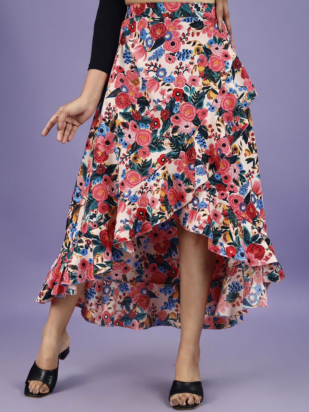 

ZWERLON Floral Printed Ruffle Wrap Maxi Skirt, Off white