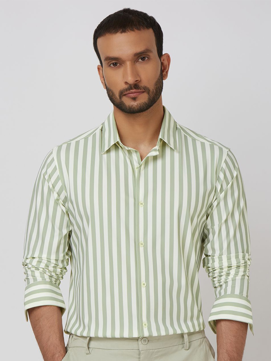 

Mufti Men Spread Collar Vertical Stripes Printed Nylon Slim Fit Casual Shirt, Green