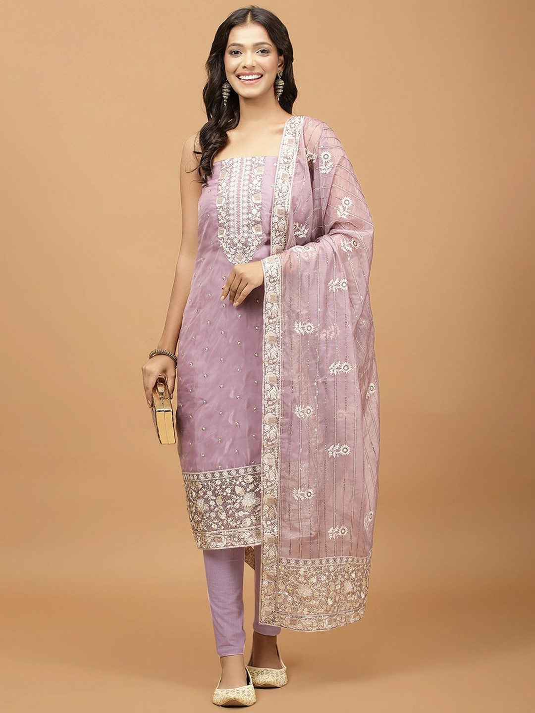 

Meena Bazaar Floral Embroidered Organza Unstitched Dress Material, Purple