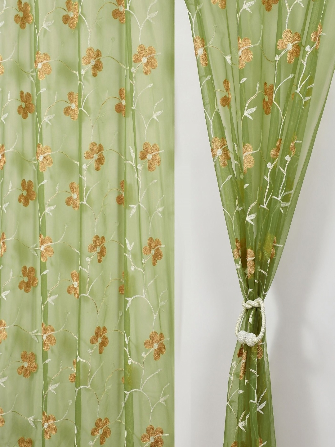 

Aura Green & Beige Set of 2 Embroidered Sheer Window Curtain