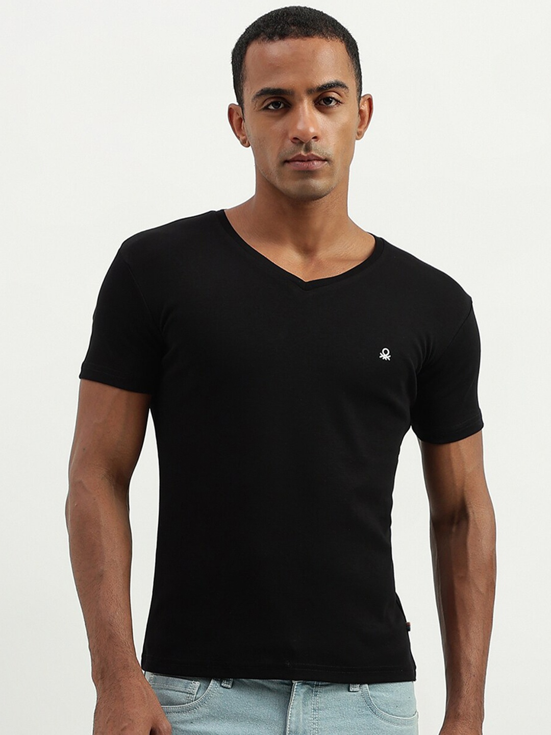 

United Colors of Benetton V-Neck Cotton Casual T-shirt, Black