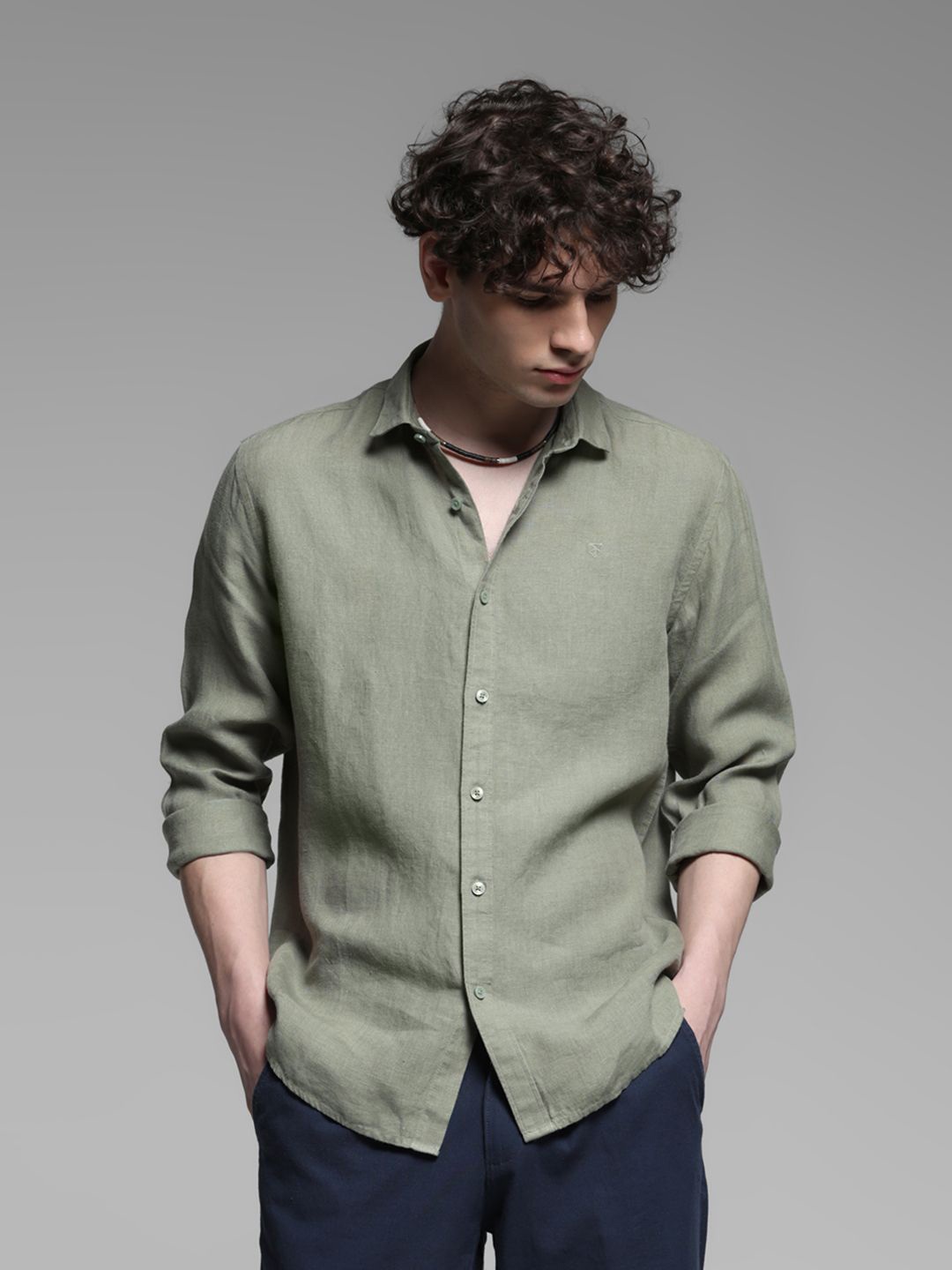

Jack & Jones Men Spread Collar Solid Linen Casual Shirt, Green