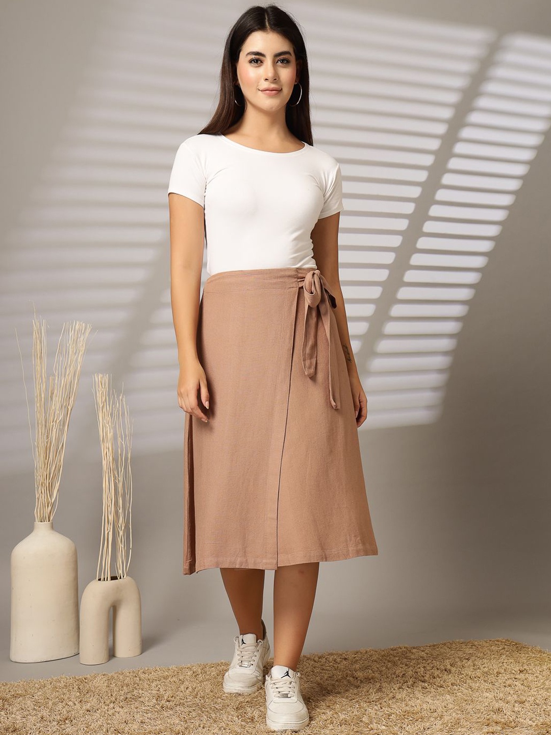 

The Roadster Lifestyle Co Women Tie Up Midi Wrap Linen Skirt, Taupe