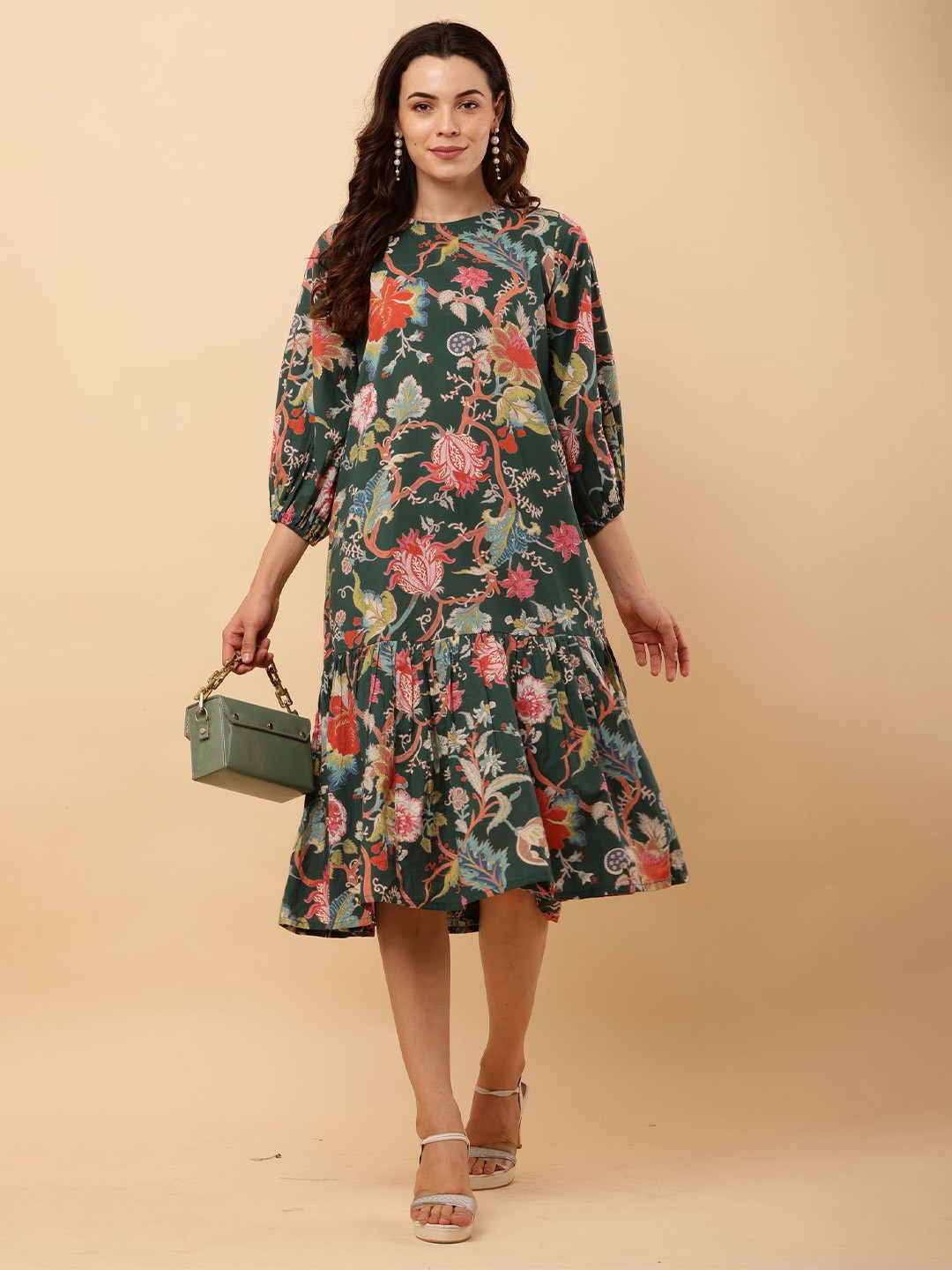 

ROZANAJAIPUR Floral Printed A-Line Cotton Dress, Olive