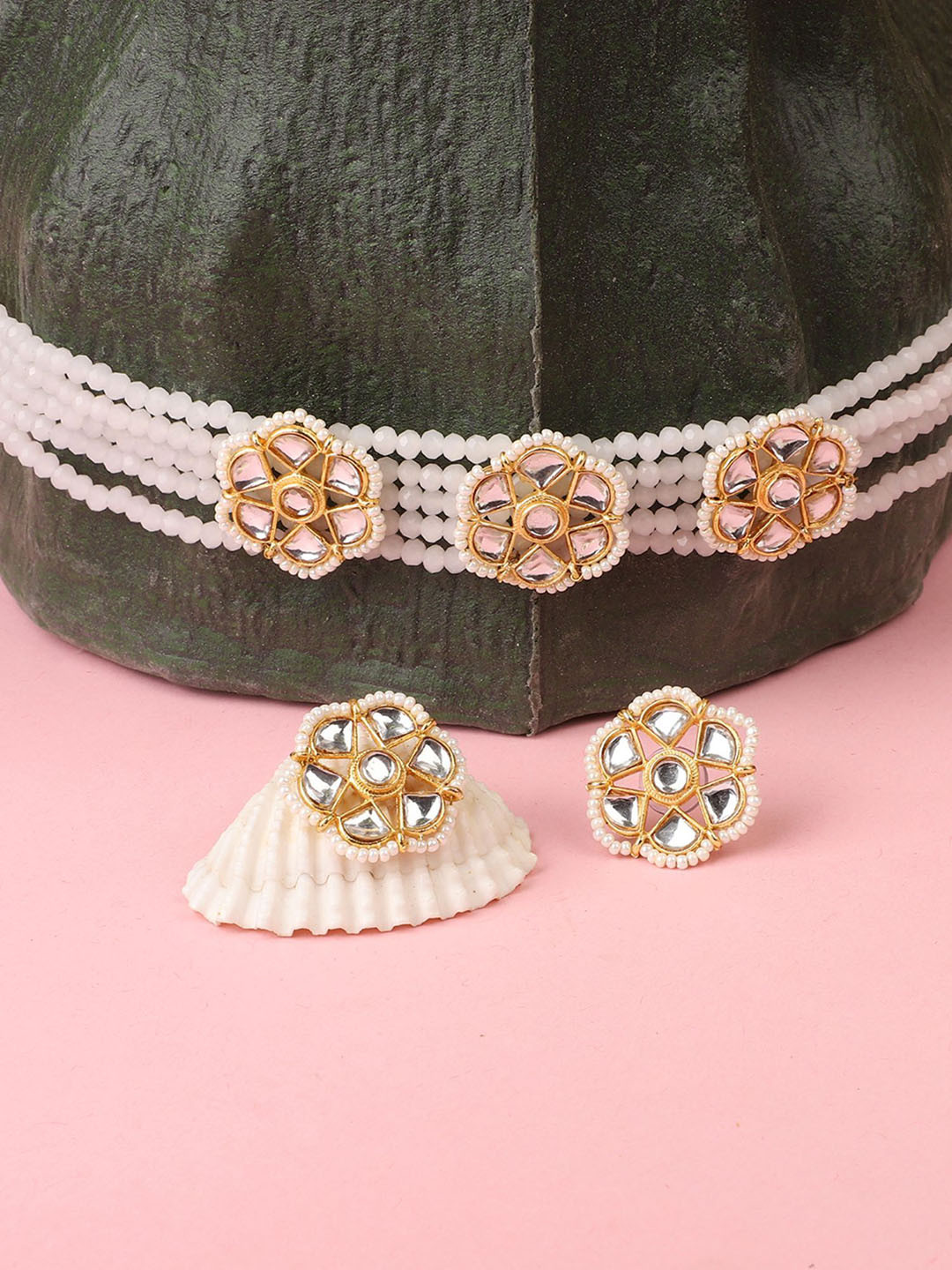 

ANIKAS CREATION Gold-Plated Stone-Studded & Beaded Necklace & Earrings