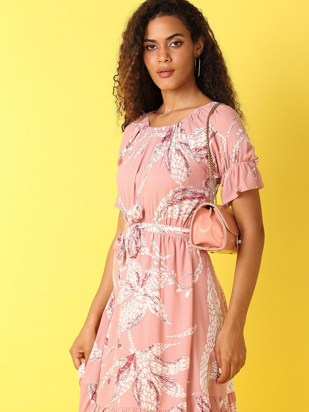 

UNLIMITED Women Boat Neck Floral Print Ruffles Fit & Flare Dress, Pink
