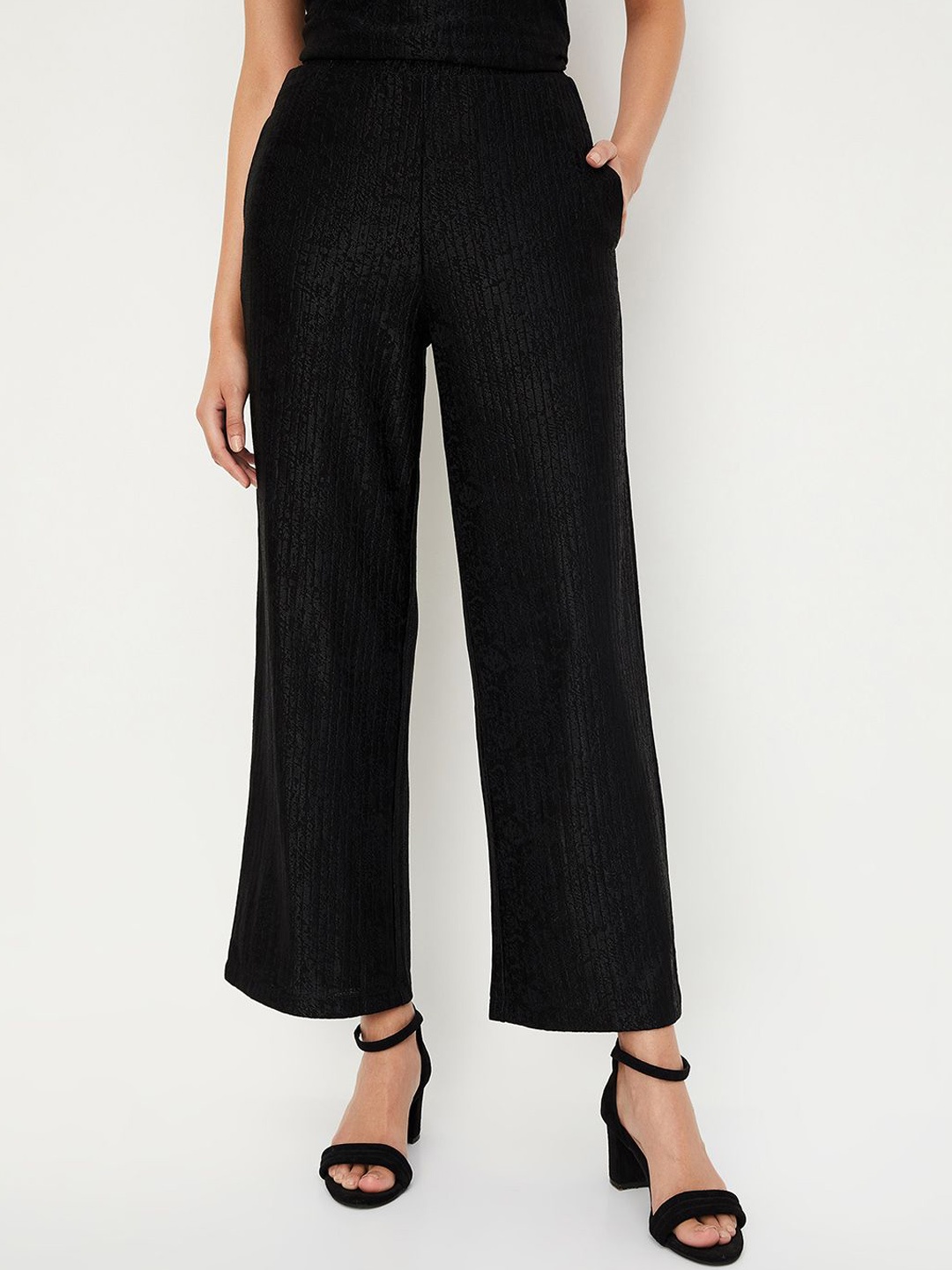 

Max x Kalki Women Shimmer Wide Leg Trousers, Black