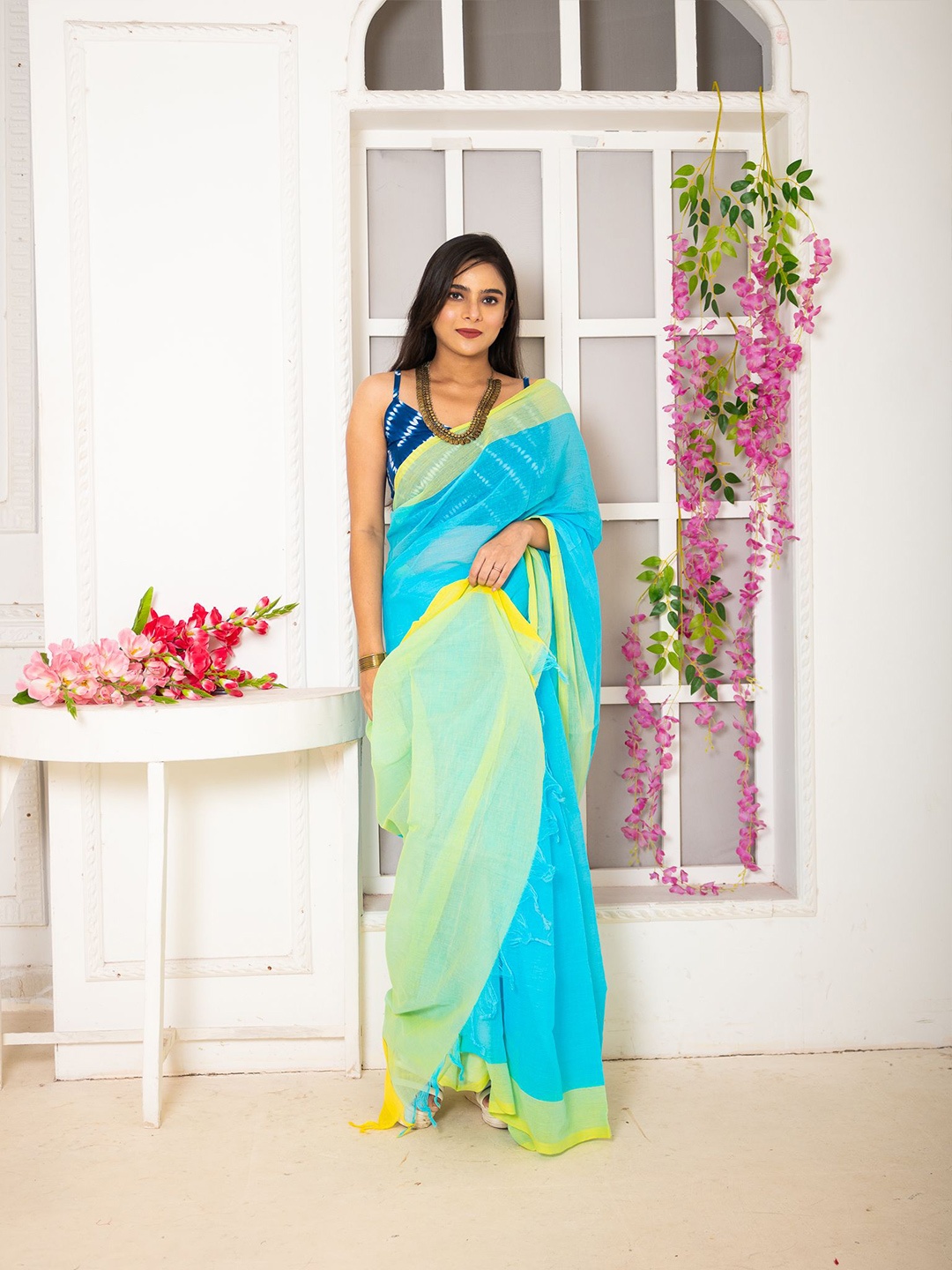 

Uttariya Solid Pure Cotton Saree, Turquoise blue