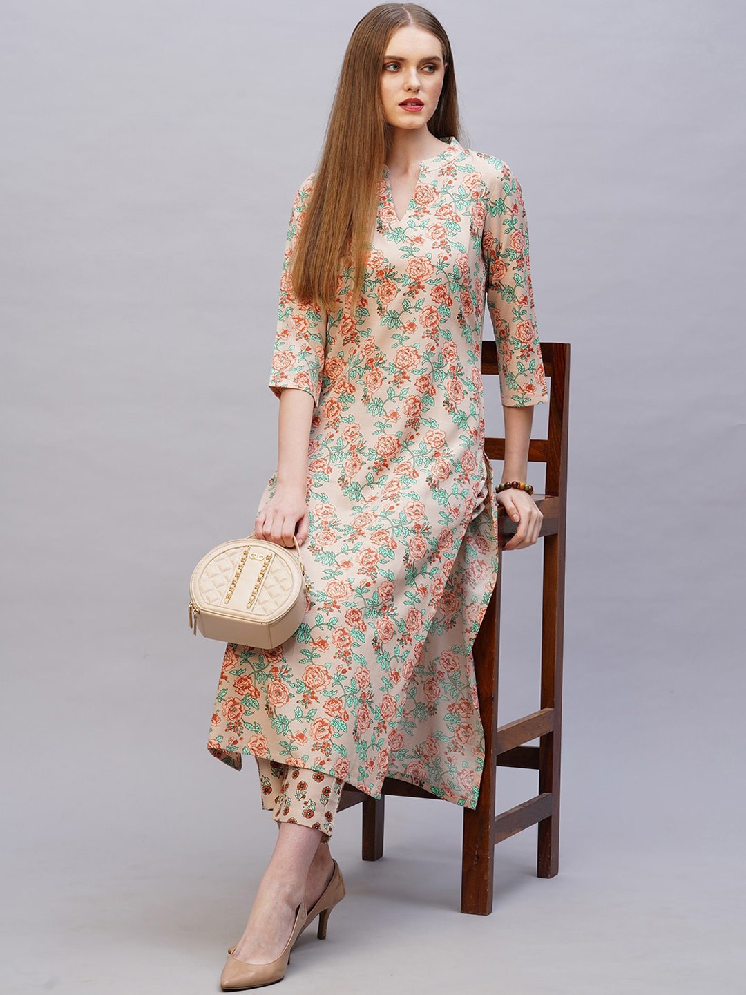 

Anni Designer Floral Printed Regular Straight Kurta with Trousers, Cream