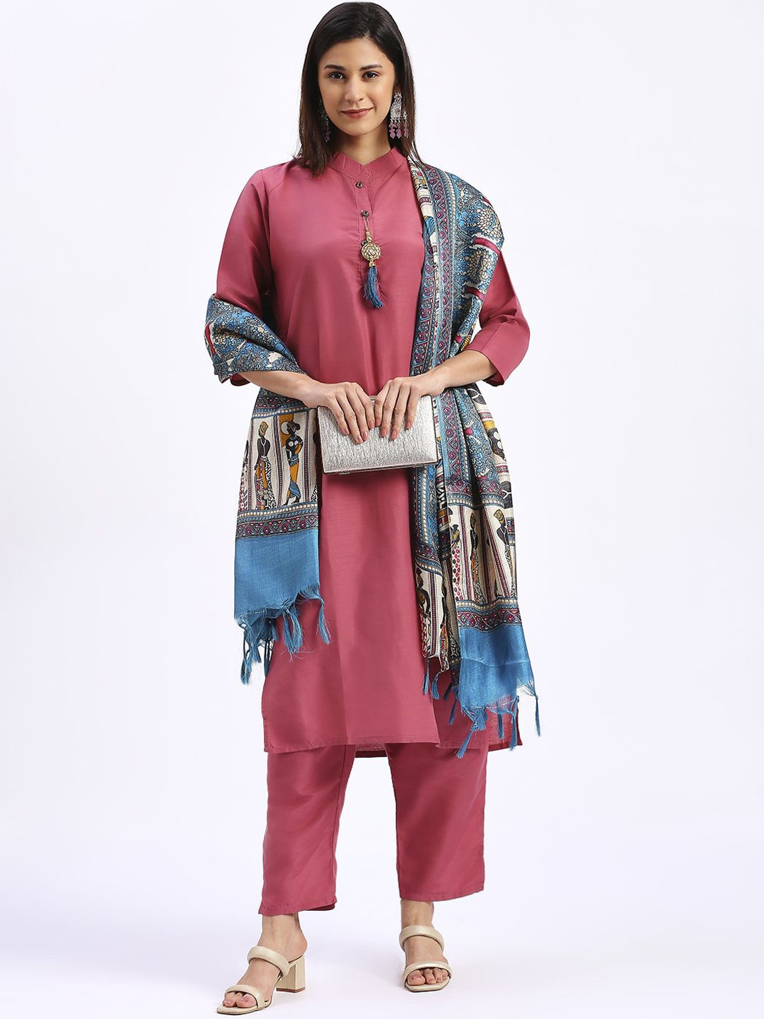 

VredeVogel Mandarin Collar Regular Kurta With Trousers & Dupatta, Pink