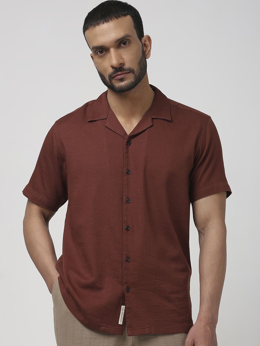 

Mufti Men Cuban Collar Textured Striped Cotton Relaxed Fit Casual Shirt, Rust
