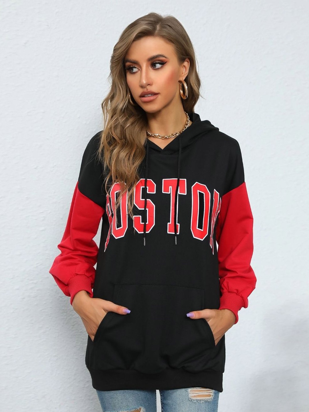 

KPOP Women Typography Printed Hood Pullover Sweatshirt, Black
