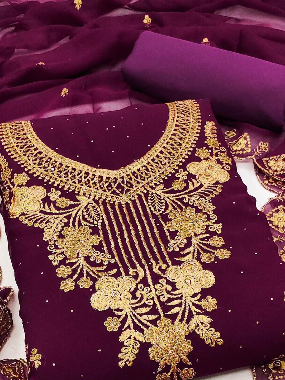 

KALINI Embroidered Silk Georgette Unstitched Dress Material, Purple