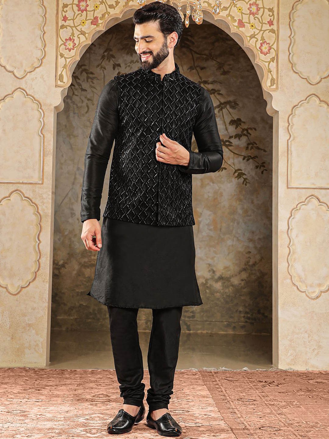 

HOUSE OF DEYANN Mandarin Collar Velvet Kurta with Churidar & Nehru Jacket, Black