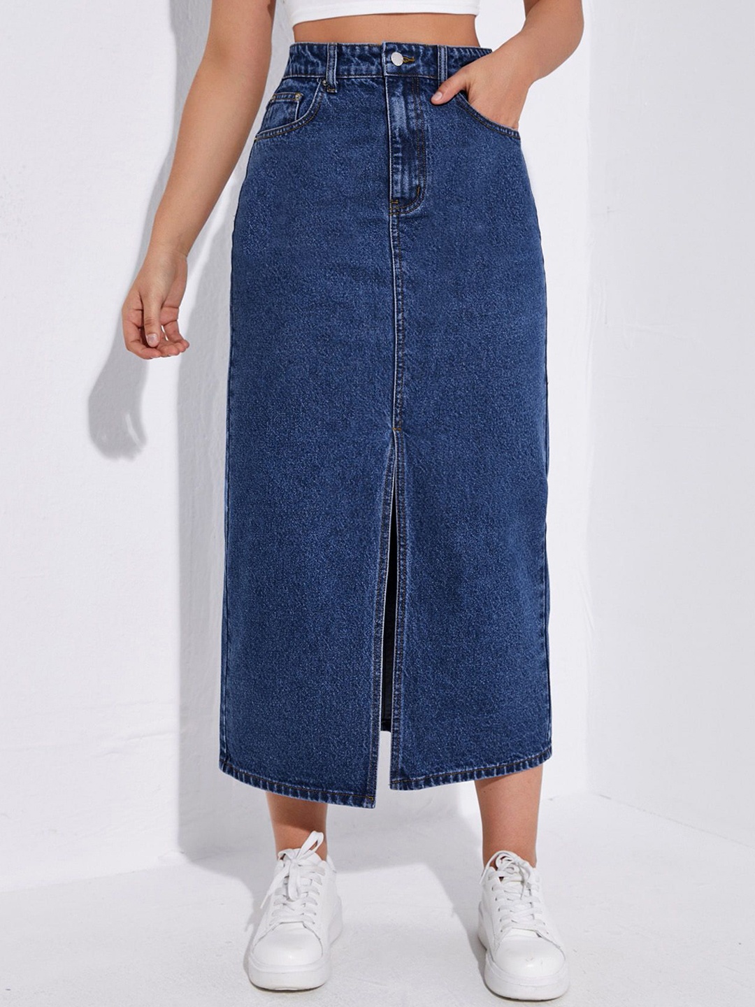 

AAHWAN Women Solid Front Slit Denim Maxi Skirt, Navy blue