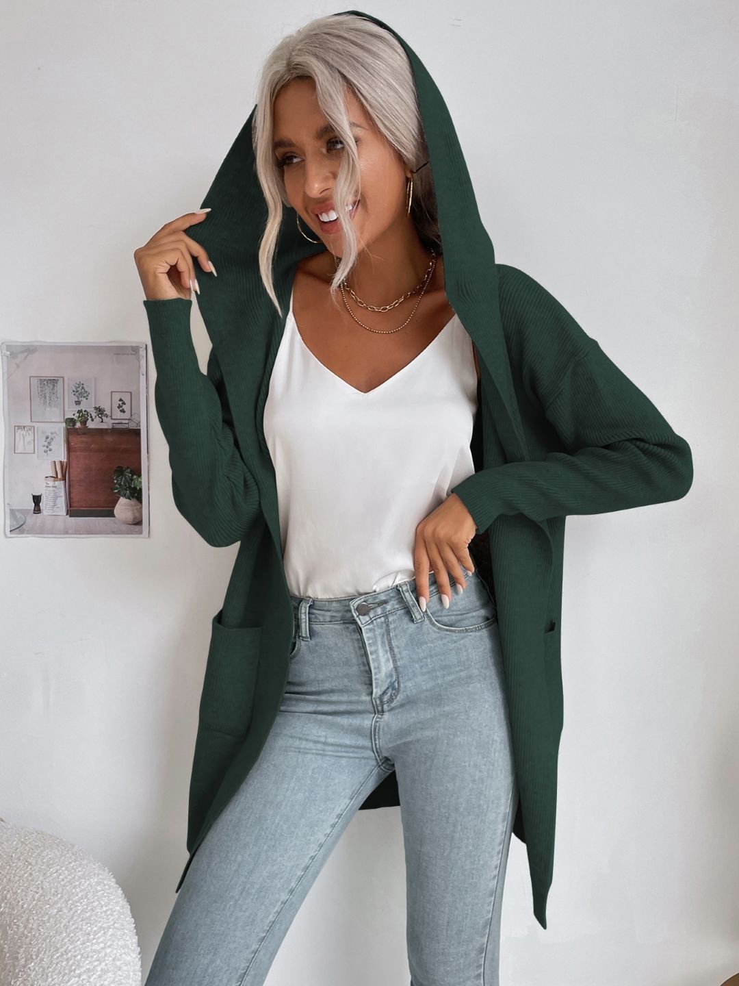 

KPOP Women Hooded Longline Front-Open Sweater, Green