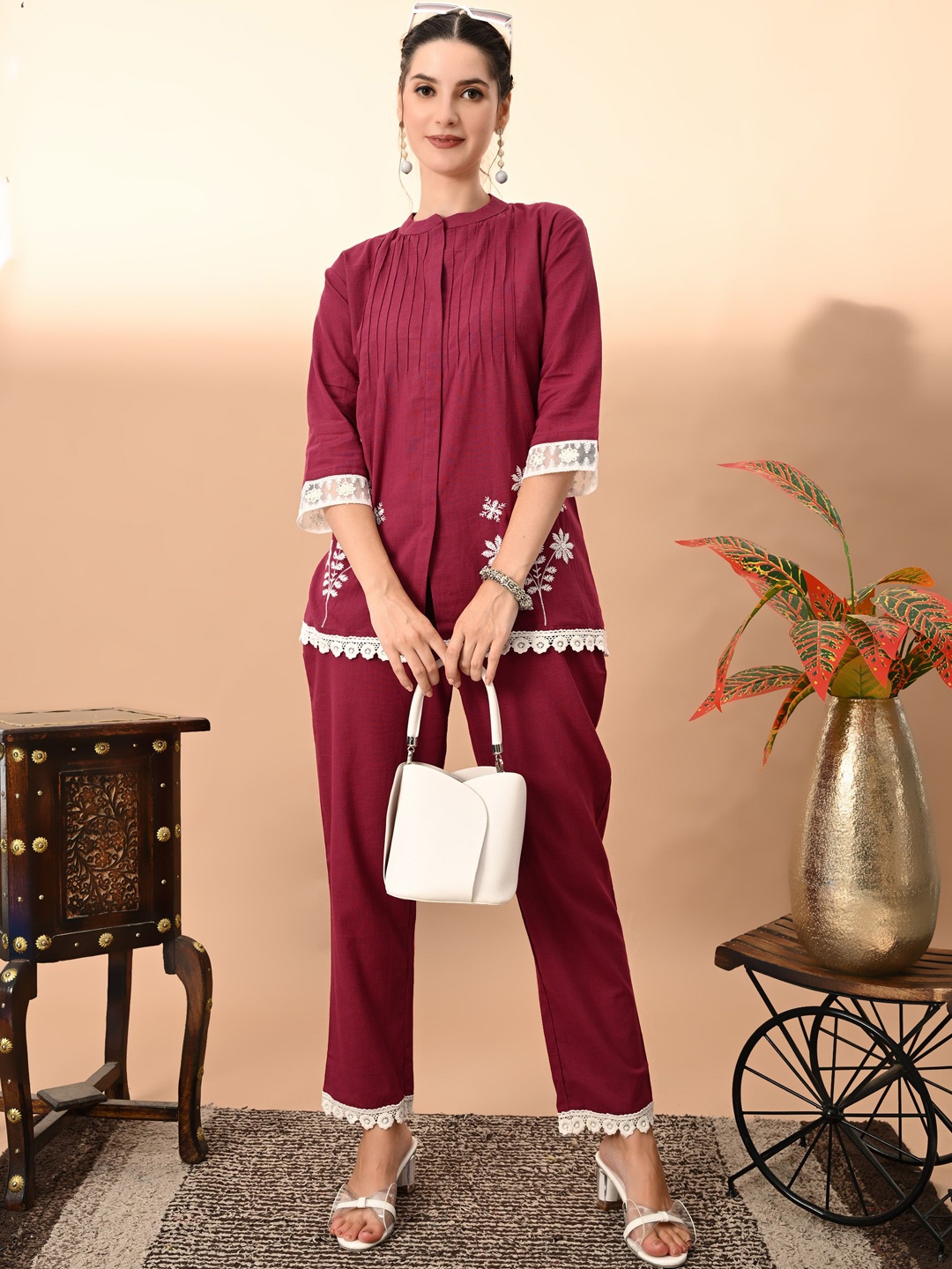 

KALINI Pure Cotton Floral Embroidered Tunic Top With Trouser, Maroon
