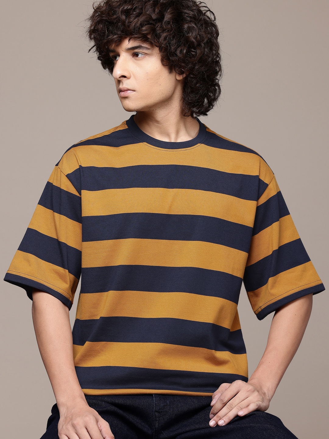 

The Roadster Lifestyle Co. Striped Drop-Shoulder Sleeves Relaxed T-shirt, Mustard