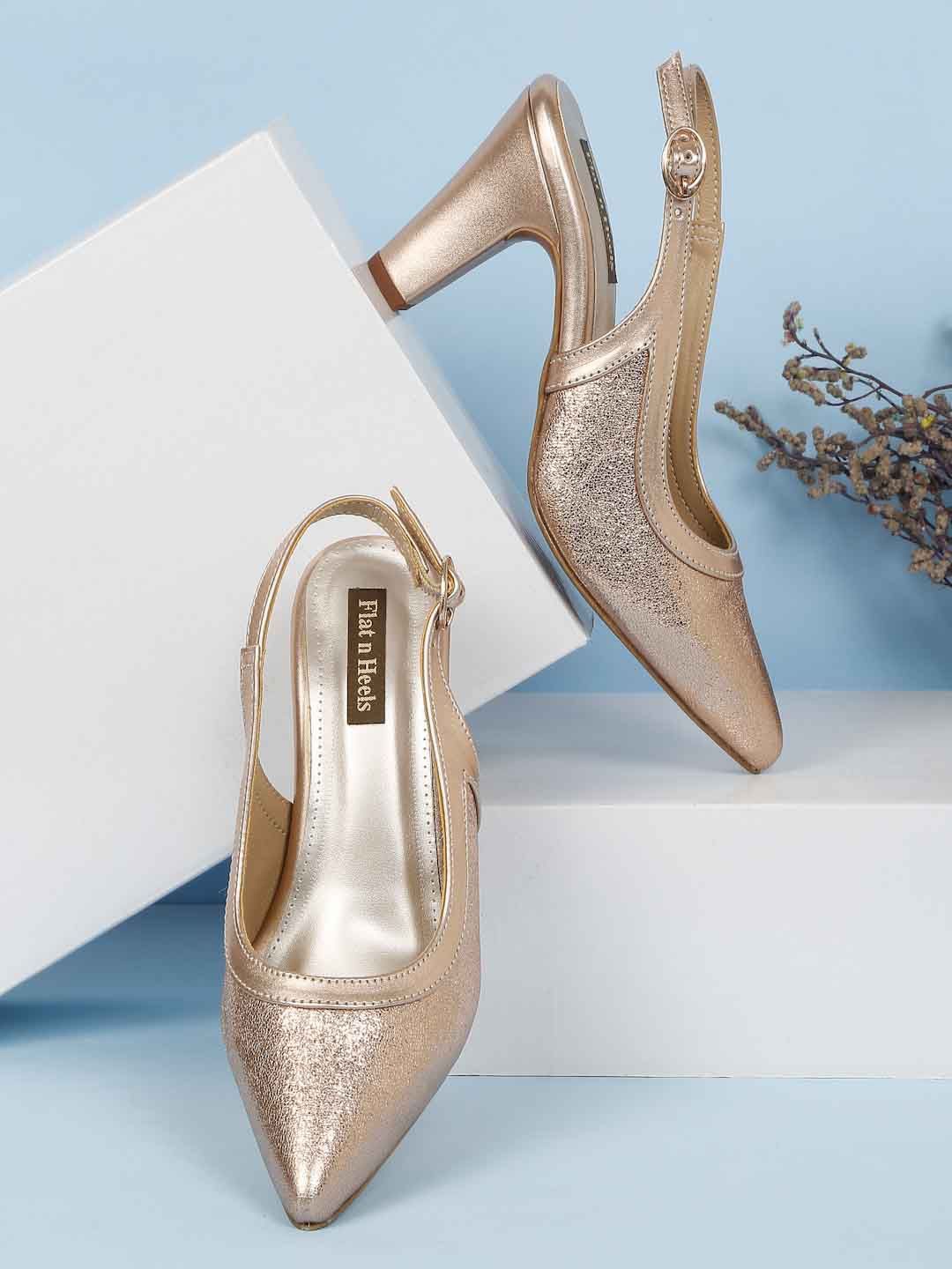 

Flat n Heels Embellished Block Heel Mules, Gold