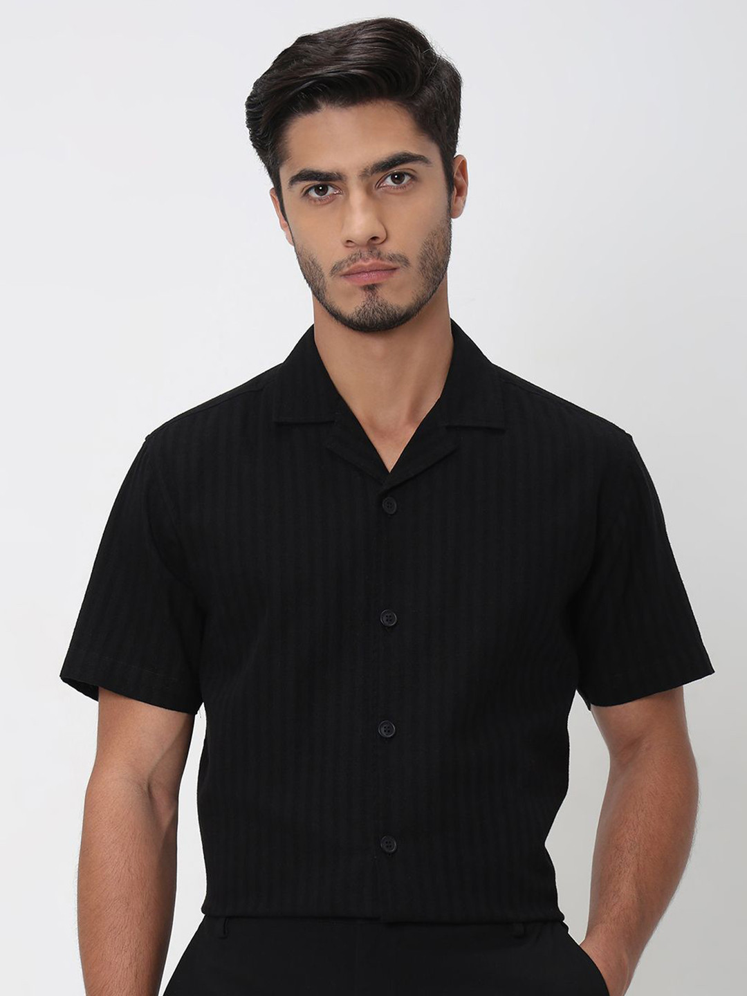 

Mufti Men Cuban Collar Vertical Striped Cotton Relaxed Fit Casual Shirt, Black