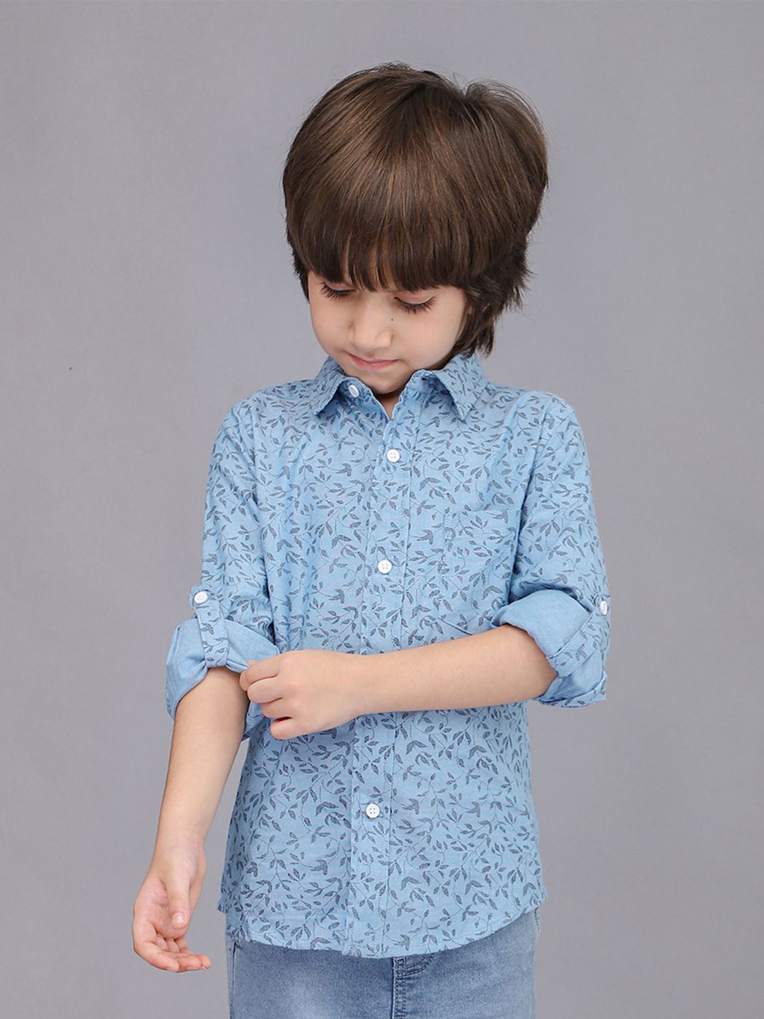 

Biglilpeople Boys Standard Spread Collar Floral Printed Cotton Casual Shirt, Blue
