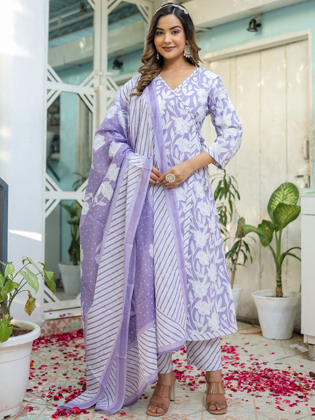 

Benaaz Floral Printed V-Neck Angrakha Pure Cotton A-Line Kurta with Trousers & Dupatta, Purple