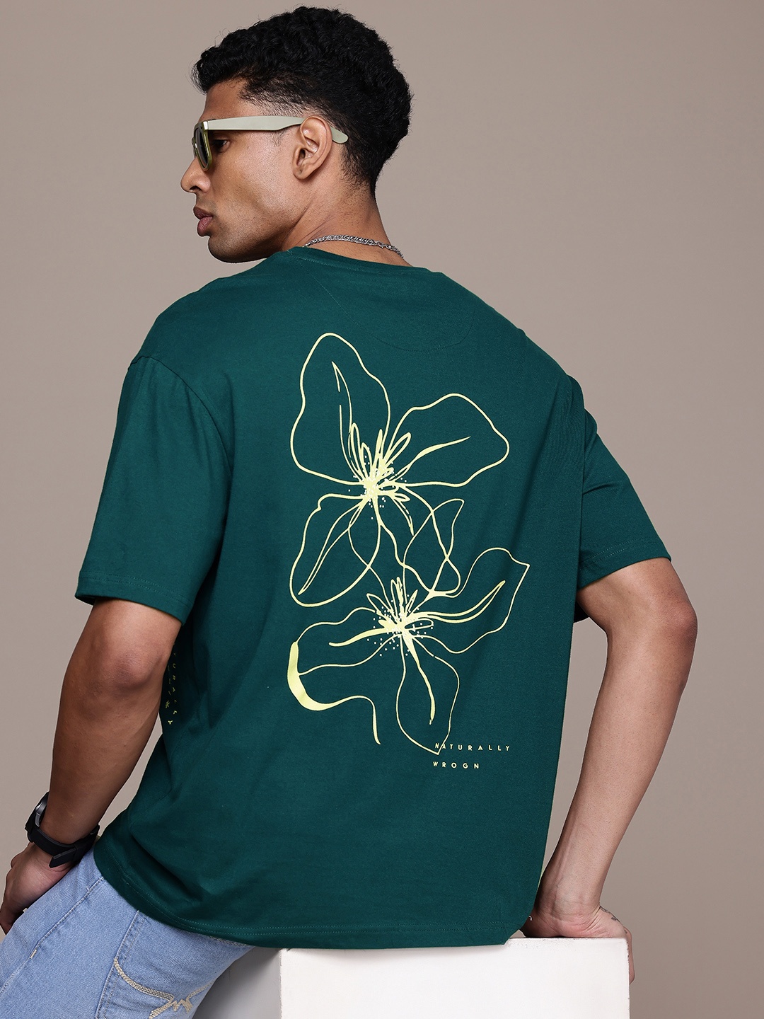 

WROGN Printed Drop-Shoulder Sleeves Pure Cotton Oversized T-shirt, Teal
