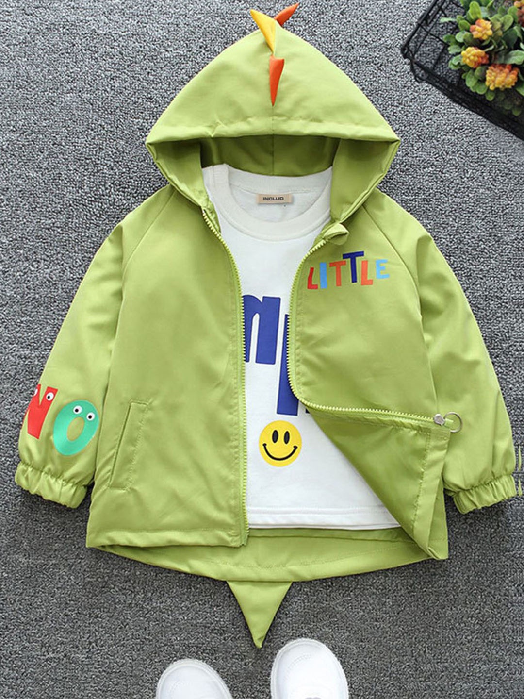 

INCLUD Boys Dinosaur Printed Hooded Open Front Jacket, Green