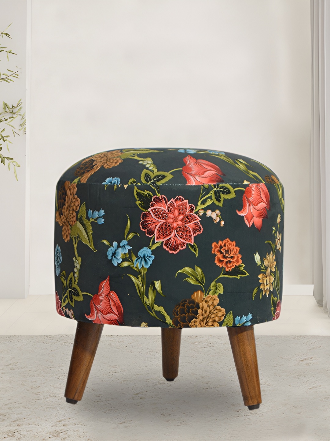 

GLOBALLY INDIAN Black & Red Printed Wooden Round Puff Ottoman