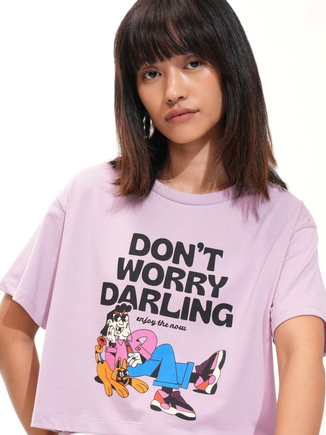 

Tokyo Talkies Women Printed Drop-Shoulder Sleeves Slim Fit T-shirt, Purple