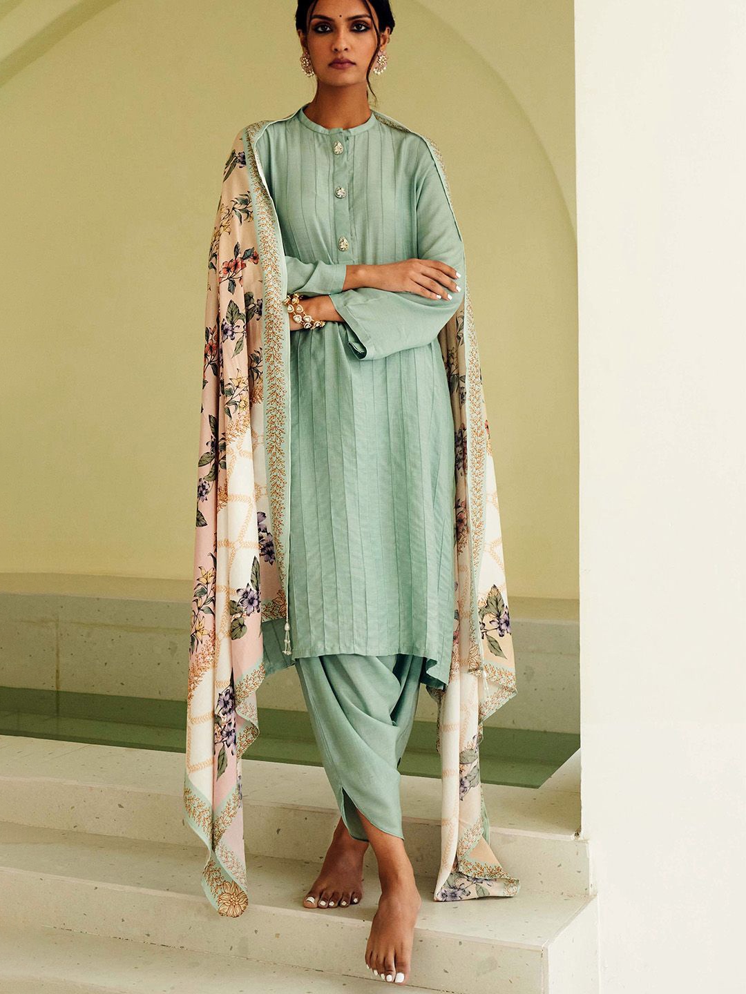 

Sage Saga Striped Pakistani Style Kurta With Salwar & Dupatta, Green