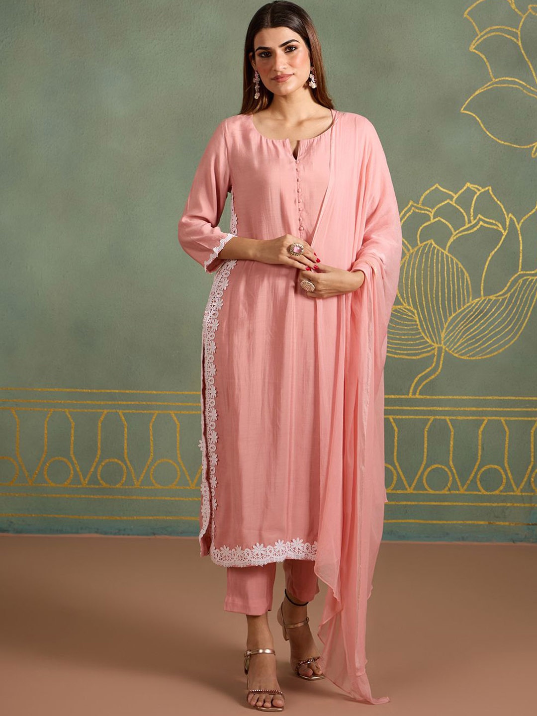 

Likha Thread Work Straight Kurta with Trousers & With Dupatta, Peach