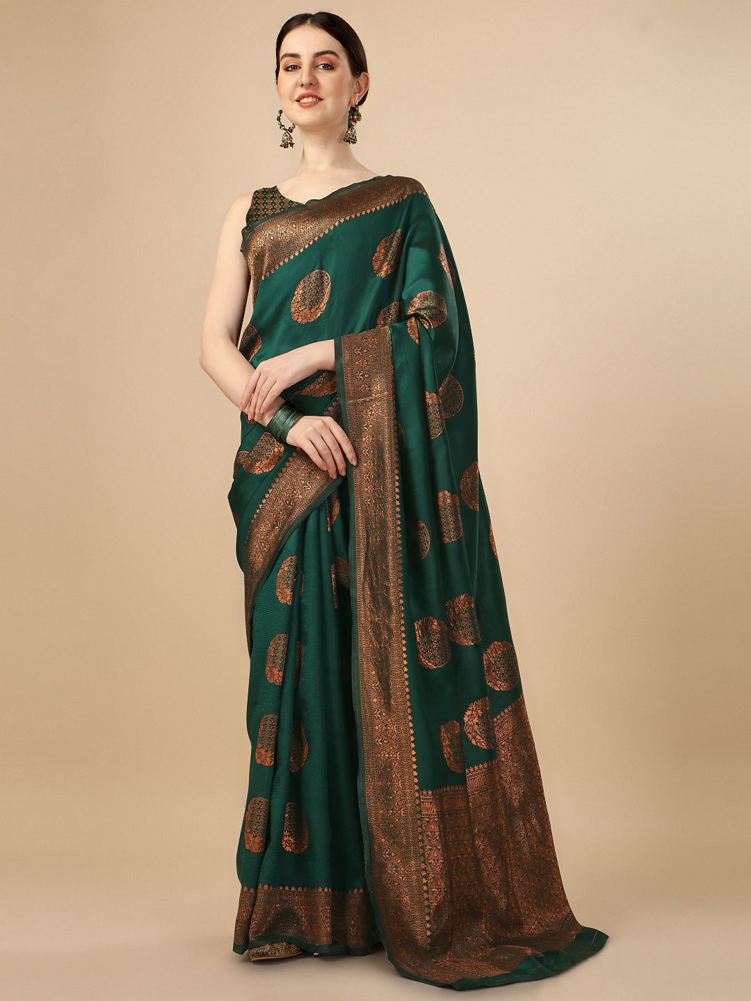 

QENY Woven Design Zari Art Silk Banarasi Saree, Green