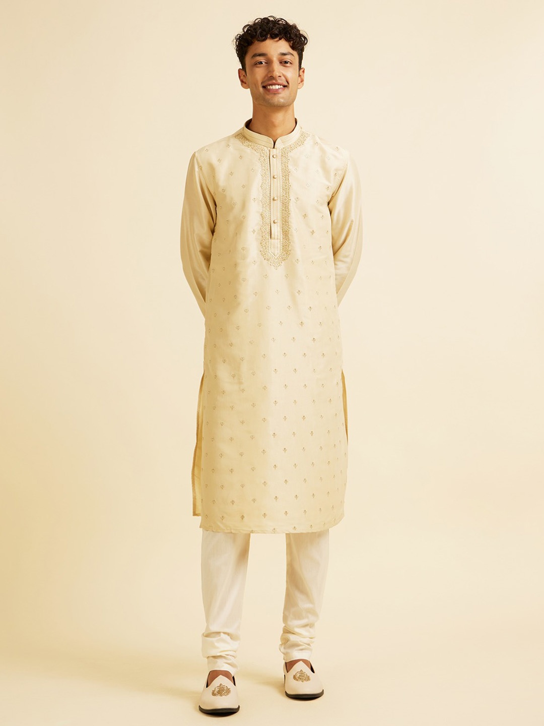 

Manyavar Ethnic Motifs Embroidered Straight Thread Work Kurta with Churidar, Beige