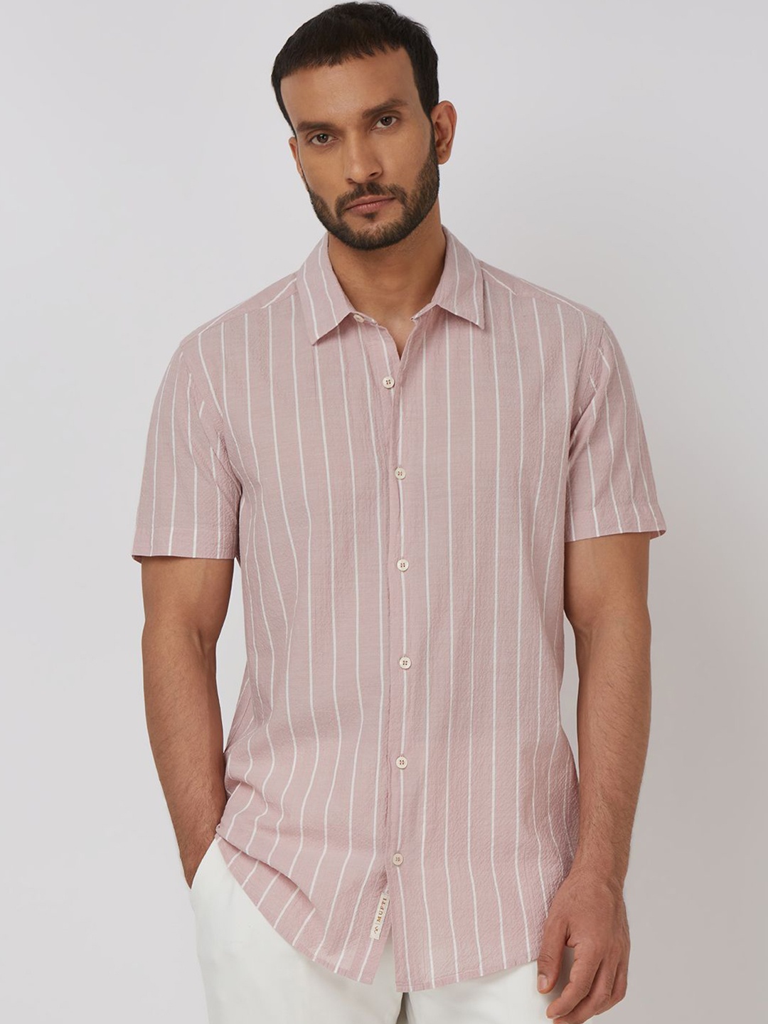 

Mufti Men Spread Collar Vertical Striped Cotton Slim Fit Casual Shirt, Pink