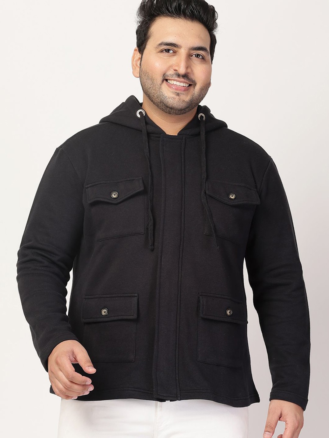 

plusS Men Hooded Open Front Jacket, Black